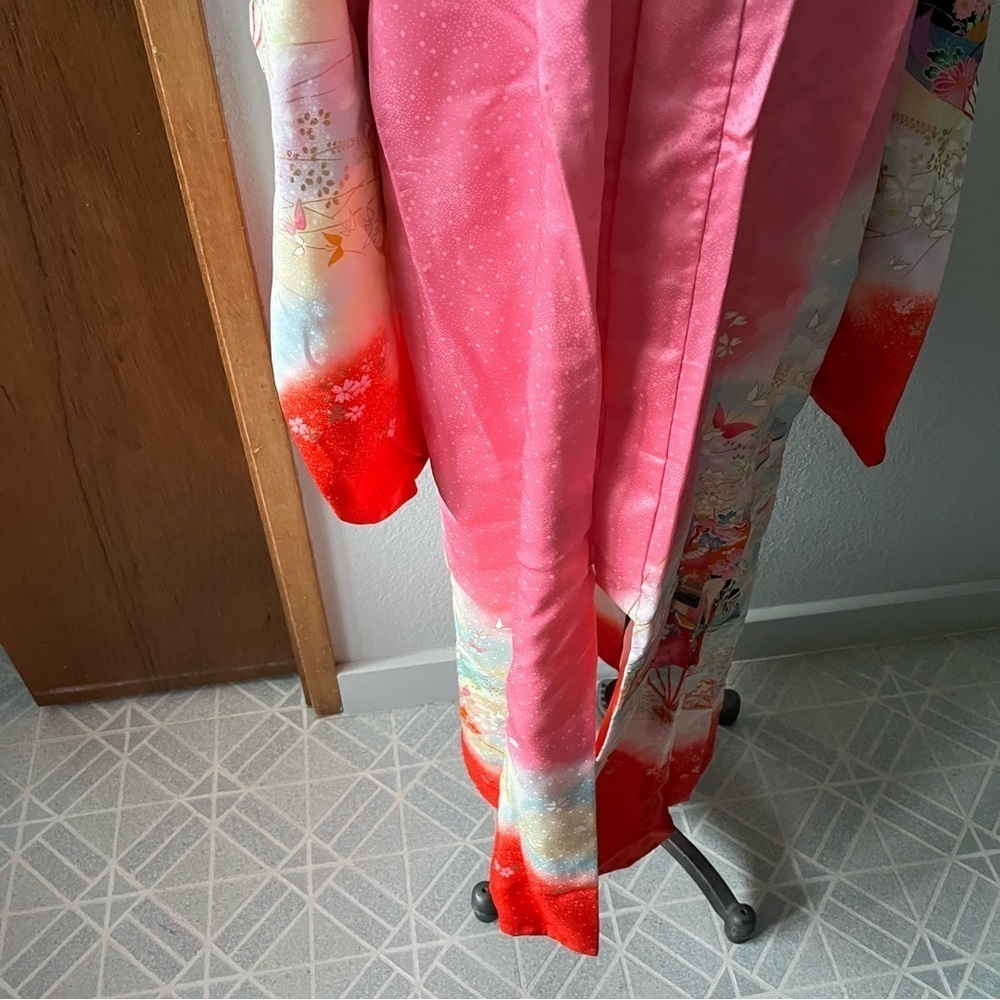 VINTAGE Girl's Pink Kimono Butterflies Flowers Ombre w/ Orange Tie - Picture 15 of 16